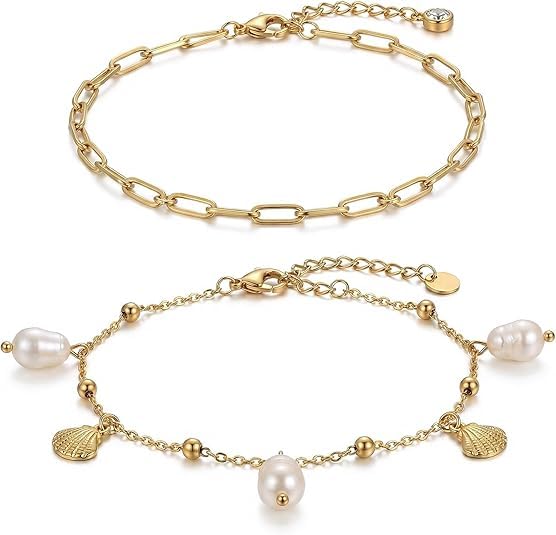 Boho Beads Beach Layered Anklet Set for Women, Handmade Gold Starfish Pearl Shell Anklets Summer Ocean Accessories Jewelry Gift - color: Papercilp
