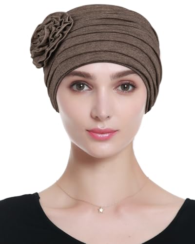 Alnorm Flower Design Chemo Hair Loss Caps Cancer Headwear for Women - color: Hemp Camel