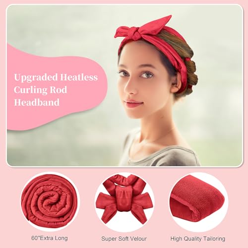 Heatless Curling Rod Headband, Upgraded 60" Extra Long Heatless Curls Headband Soft Hair Curlers to Sleep In Hair Rollers No Heat Curls (Red) - color: Red