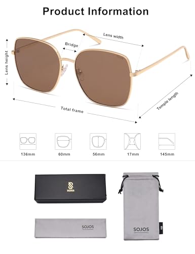 SOJOS Trendy Oversized Square Metal Frame Sunglasses for Women Men Retro Big Flat Lens UV Protection Sunglasses SJ1146 - color: Gold/Retro Brown