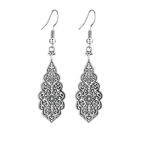 Silver Dangle Earrings For Women Trendy,Boho Cute Drop Western Earings,Vintage Gothic Ethnic Statement Beach Vacation Long Earrings with Leaf Teardrop Turquoise Crystal Tassels,Fashion Jewelry Birthday Gift. - color: A12) Retro Floral Carved Dangle