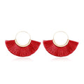 Bohemian Silky Thread Tassel Strand Fringe Statement Hoop Earrings - Lightweight Semi Circle Fan Threader, Mermaid Hoops - color: Halfmoon Tassel Hoops - Burgundy