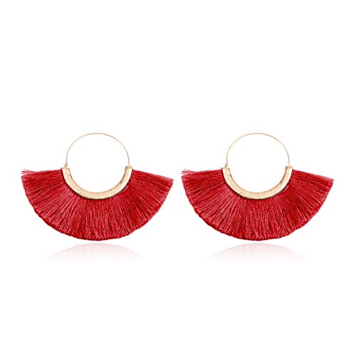 Bohemian Silky Thread Tassel Strand Fringe Statement Hoop Earrings - Lightweight Semi Circle Fan Threader, Mermaid Hoops - color: Halfmoon Tassel Hoops - Burgundy