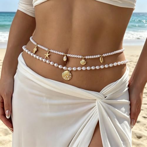 Gold Starfish Seashell Waist Chain Belt for Women Boho Mermaid Pearl Body Chain Summer Beach Vacation Bikini Jewelry Accessories - style: Pearl Double
