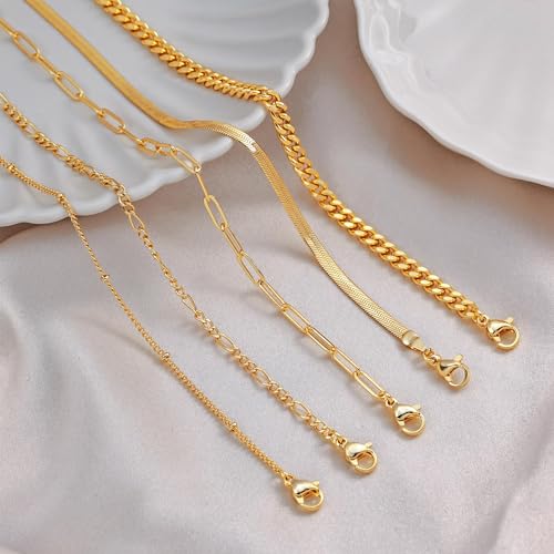 Dearmay Gold Bracelets for Women Waterproof, 14K Gold Plated Minimalist Bracelets Stack Non Tarnish Trendy Dainty Herringbone Vintage Cuban Paperclip Rope Thin Box Link Chain Stackable Jewelry Sets Modern Fashion Accessories Gifts for Womens - style: 5Pcs