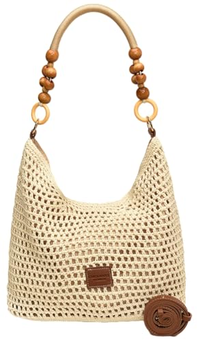 Crochet Summer Beach Bag for Women Woven Cotton Mesh Hobo Handbag Fashion Bead Handmade Shoulder Bag Purse - color: Beige