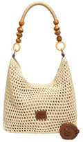 Crochet Summer Beach Bag for Women Woven Cotton Mesh Hobo Handbag Fashion Bead Handmade Shoulder Bag Purse - color: Beige