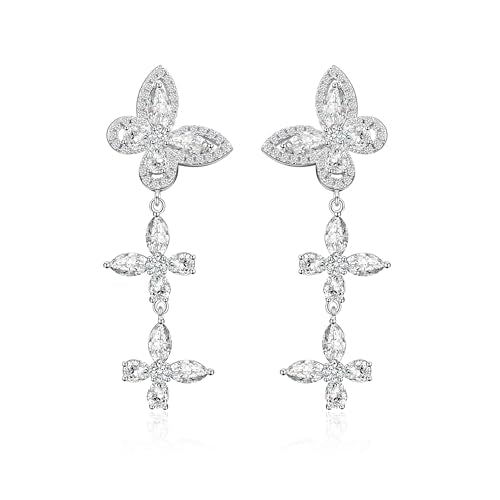 Awinesn Clip on Earrings for Women 925 Sterling Silver Plated Cubic Zirconia Long Tassel Dangle Drop Earrings Non Pierced Earrings for Women Jewelry Gifts Wedding Party - color: butterfly 2