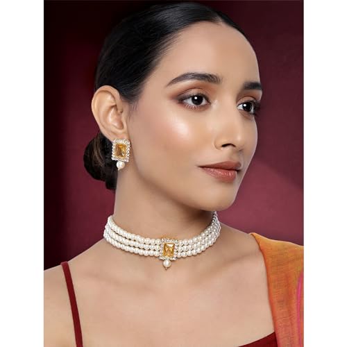 Aheli Ethnic Choker Necklace Earrings Wedding Bollywood Party Jewelry Set Gift for Women - color: Champagne