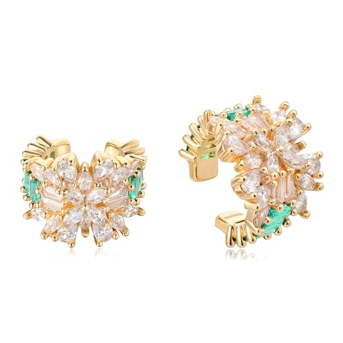 MTMY Gold Ear Cuff Earring for Women 14K Gold Plated Cubic Zirconia Non-Pierced Clip on Cartilage Chunky Ear Cuffs Hypoallergenic Jewelry - style: flower / pair