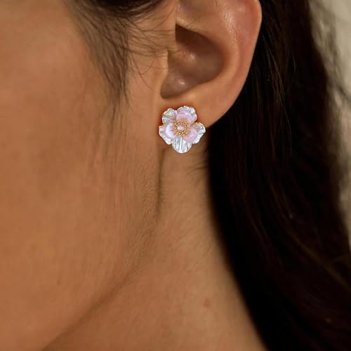 Pink Flower Earrings for Women, 925 Sterling Silver Stud Earrings, Cute Plumeria Earrings For Women, Cherry Blossom Hypoallergenic Stud - color: Pink Peach Blossom