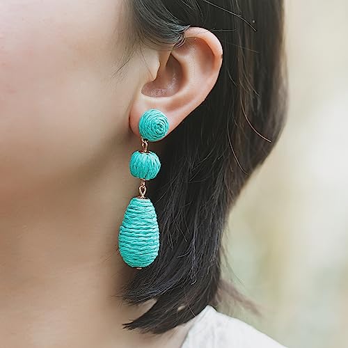 Boho Raffia Earrings Statement Dangle Earrings Cute Teardrop Ball Earrings Colorful Summer Jewelry Handmade Rattan Earrings for Women - color: Teal