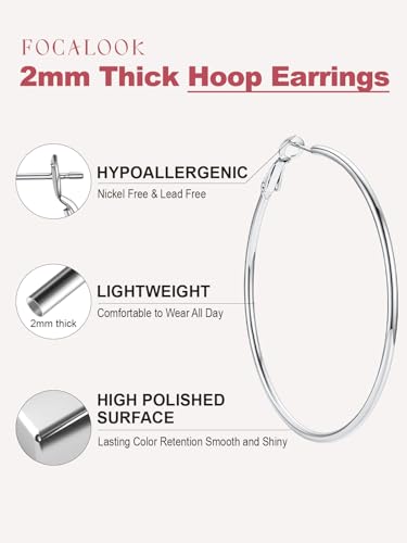 FOCALOOK 14K Gold Plated Lightweight Large Hoops| 2mm Thin Hoop Earrings for Women 30/40/50/70/100mm - color: 01.Silver, size: 60mm