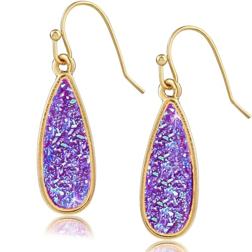 Teardrop Dangle Earrings for Women with Simulated Druzy Stones, in Gold or Rose Gold Tone - color: Gold - Purple Stone
