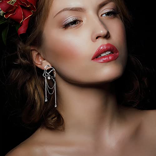 Unique Abstract Face Art | Dangle Statement Long Earrings for Women | Rhinestone Tassel Handmade Chandelier Earrings - color: silver