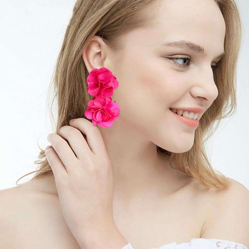 Oversized Fabric Flower Earrings for Women Statement Boho Chic Dangle Drop Earrings for Parties Weddings or Everyday Wear - color: Hot Pink