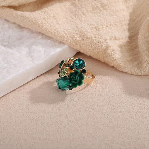 Jumwrit Shiny Crystal Flower Ring Statement Adjustable Open Band Wrap Finger Ring Square Rhinestone Floral Cocktail Ring Party Bridal Wedding Jewelry Vintage Boho Knuckle Ring for Women - color: Green