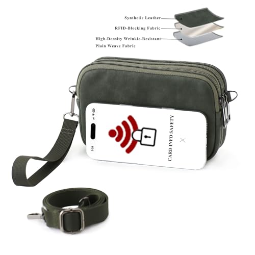 Small Wristlet Wallet for Women, 3-Zip Crossbody Phone Purse - color: Olivegreen/Pu