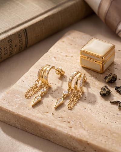 MUMREUES Gold Earrings for Women Trendy 14K Gold Plated Dangle Earrings Small Hoop Huggie Drop Stud Earrings Cubic Zirconia Simple Minimalist Dainty Chain Tassel Hypoallergenic Earrings - color: Chain & Gold