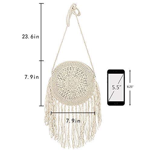 Goclothod Women Crochet Fringed Shoulder Bag Cotton Tassel Crossbody Bag Hippie Beach Purse - color: Off-white