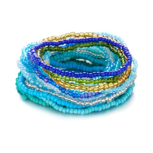 Fuqimanman2020 17Pcs Elastic Beaded Handmade Bracelets Bohemian Stackable Beaded Stretch Bracelets Colorful Rainbow Seed Beach Anket Bracelet Set Summer Jewelry for Women - color: Blue