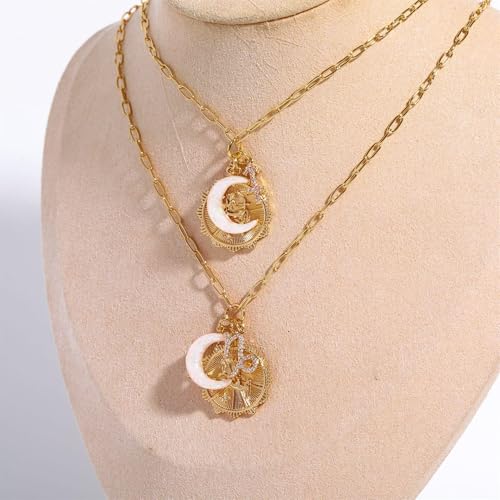 Dainty Gold Zodiac Embossed Coin Opal Crescent Moon Charm Necklace for Women Trendy 18K Gold Plated Retro Paperclip Chain 12 Constellation Horoscope Necklaces Astrology Jewelry Gifts - style: 6.VIRGO (AUG 23-SEP 22)