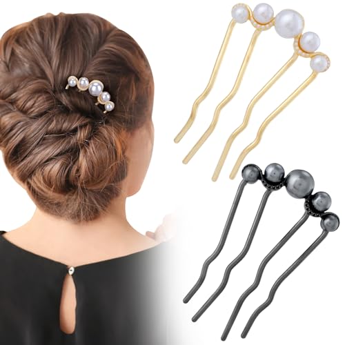2 Pcs Pearl Hair Pins U Shaped, Elegant Vintage French Pearl Hair Comb, French Twist Hair Pin for Brides, Bridesmaid, Party, Daily, Holiday (Gold, Gun Black) - color: Gold, Gun-Black