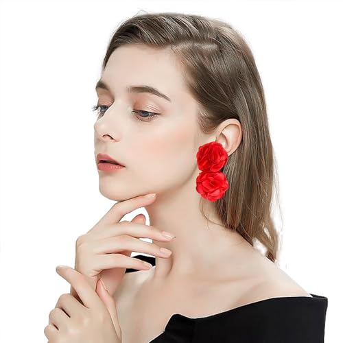 Oversized Fabric Flower Earrings for Women Statement Boho Chic Dangle Drop Earrings for Parties Weddings or Everyday Wear - color: Red