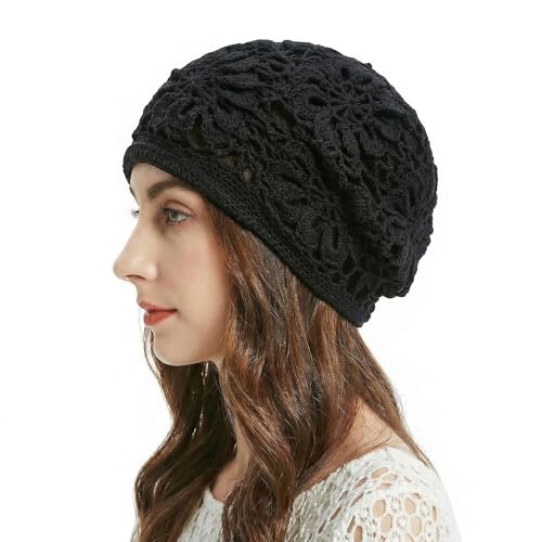 ZLYC Women Cotton Crochet Slouchy Beanie Hat Handmade Knit Summer Skull Cap - color: Black Knitted