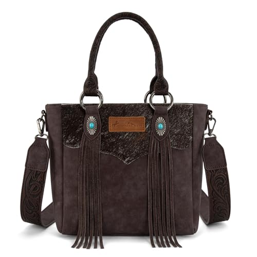 Montana West Western Cowhide Crossbody Bag for Women Designer Leather Tassel Top Handle Handbags - color: Coffee