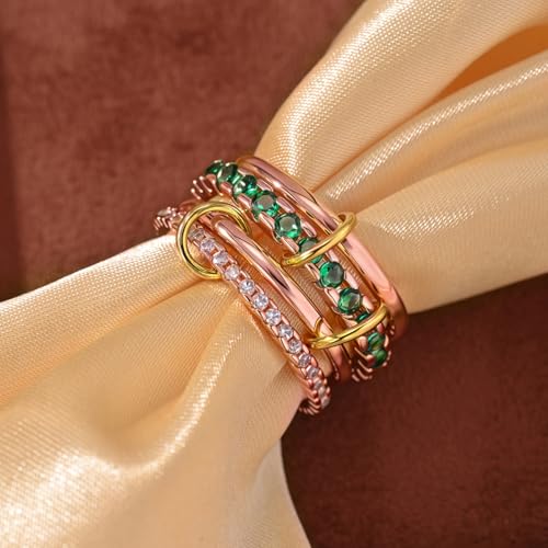 HERSIN Stackable Interlocked Rings for Women Non Tarnish, 18K Rose Gold Plated Green Cubiz Zirconia Ring Chunky Rings Mixed Metal Multi Ring Dainty Stacking Rings Set Gold Jewelry for Women Gifts - color: RoseGold