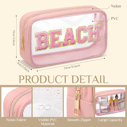 9 Pcs Preppy Clear Makeup Bag DIY Chenille Letter Pouch Large Nylon Makeup Bag Travel Toiletry Zipper Cosmetic Organizer Pouch PVC Bags for Women, 9.5 x 5.1 x 2.8 Inch (Morandi Color) - color: Morandi Color