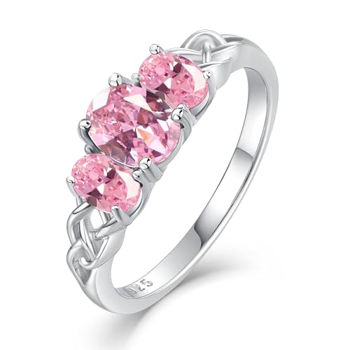 Celtic Birthstone Rings for Women 925 Sterling Silver Celtic Knot Ring 3-Stone Promise Rings for Her Wife Birthday Anniversary Wedding Jewelry - color: 10-Oct-Pink Tourmaline