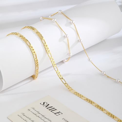 MFRYK 2PCS 14K Gold Plated Waist Chain Layered Pearl Cuban Beaded Satellite Figaro Belly Body Chain Boho Beach Waist Chains For Women Adjustable Waterproof Sexy Bikini Body Chain Jewelry For Women - style: Pearl Figaro Layered-Gold
