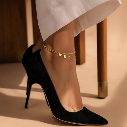 M MOOHAM Gold Initial Ankle Bracelets for Women - Layered Heart Letter A-Z Initial Dainty Gold Anklets for Women Waterproof, Womens Anklets Jewelry Birthday Gifts Jewelry - color: L