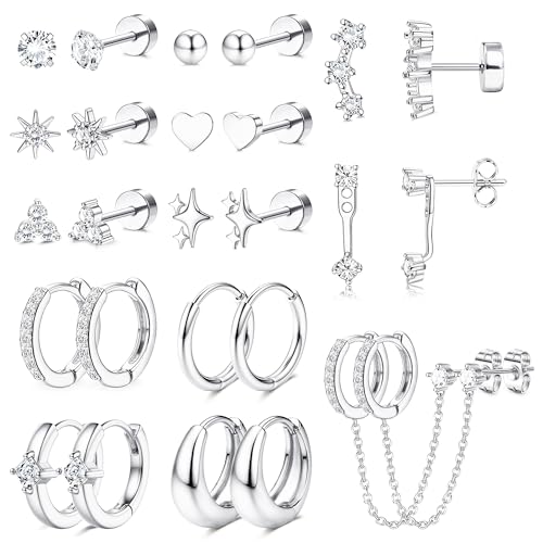 Florideco Flat Back Earrings Hypoallergenic Surgical Steel Earrings for Women Trendy Cartilage Chain Earring 14K Gold Plated Star Heart CZ Flatback Stud Earring Sets for Multiple Piercing - color: Silver