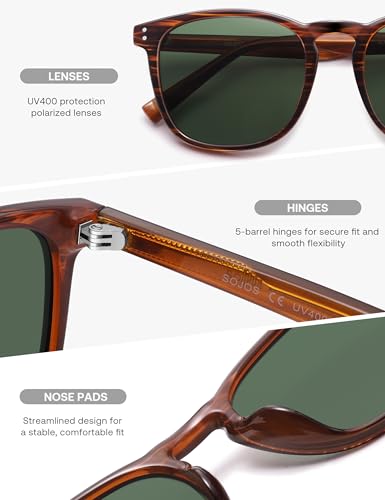SOJOS Unisex Rounded Square Polarized Sunglasses TR90 Frame UV400 Protection Lightweight Retro for Women & Men - color: Light Brown Stripes/Green