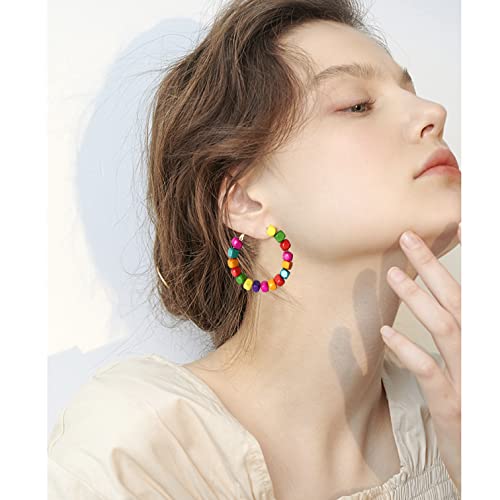 Handmade Nature Wooden Beaded Hoop Earrings Bohemian Minimalist Colorful Circle Round Wood Bead Earrings Vintage Chic Wooden Ethnic Dangle Drop Earrings for Women Statement Jewelry Gifts - color: Color Small Round 3