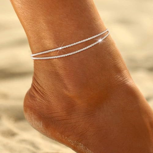 Ritach Ankle Bracelets for Women - Silver/Gold Plated Stainless Steel Anklets for Women Waterproof Layered Cuban Link Figaro Chain Heart Anklets Set Summer Beach Jewelry Gifts - color: Silver-Layered Sparkle Glitter