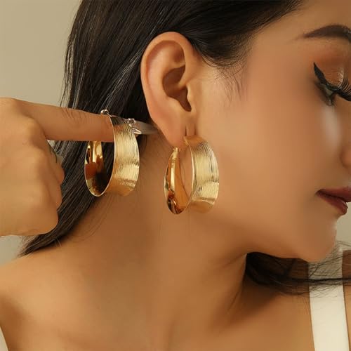 Chunky Gold Circular Statement Hoop Earrings Trendy Texture Large Piercing Dangle Drop Earrings - color: Gold