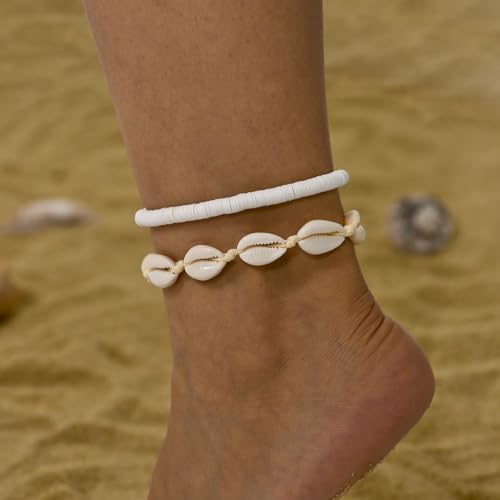 ATIMIGO Adjustable Nature Puka Shell Ankle Bracelet Cowrie Shell Anklet Handmade Boho Hawaiian Beach Surfer Seashell Braided Anklet Foot Jewelry for Women - color: beige string cowire shell anklet