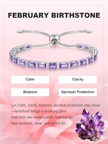 Radiant Cut Birthstone Tennis Bracelets for Women, Adjustable 6–9 Inches White Gold Plated Sterling Silver Bracelet, Hypoallergenic Anniversary Birthday Valentine’s Day Gift for Her - color: 02-Amethyst