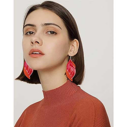 ANXIN boho unique Leather Earrings 2 Layered Lightweight Faux Leather Leaf Earrings Layered Design Drop Earrings Gift for Women - color: Orange Faux Leather Leaf Earrings