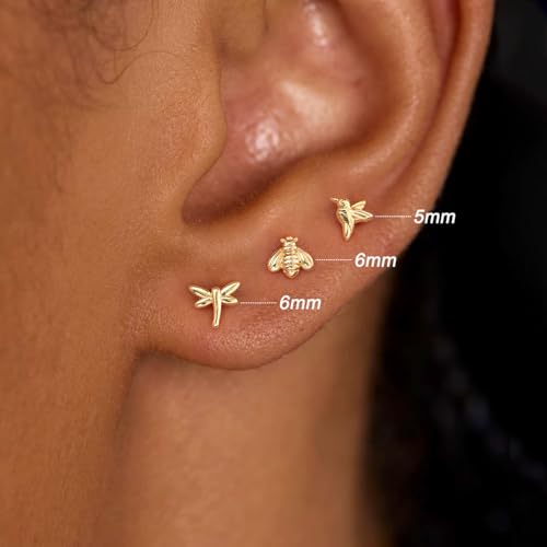 3 Pair Tiny Flat Back Earrings for Women - 14K Gold/White Gold Plated Dainty Cute Small Screw Flatback Stud Earring, Everyday Wear Gift - color: Hummingbird Bee Dragonfly Flat-5/6/6mm Gold