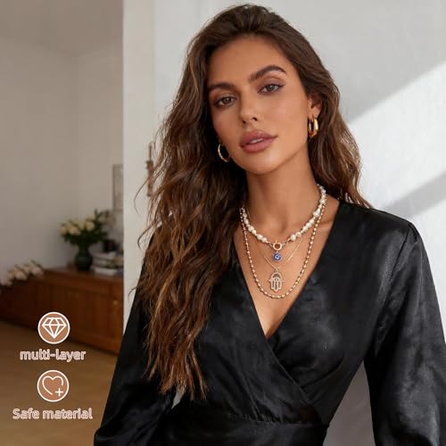 Gold Necklace Stack, Gold Plated and Silver Chunky Layered Necklaces for Women Exquisite Vintage Stackable Coins Medal Star Diamond Pearl Pendant Women's Jewelry (Gold/Silver) - color: Gold