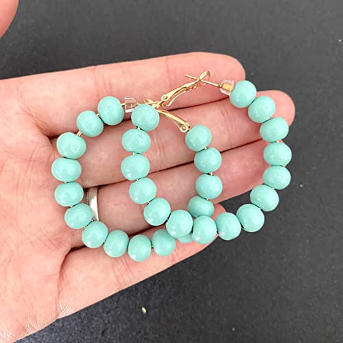Handmade Nature Wooden Beaded Hoop Earrings Bohemian Minimalist Colorful Circle Round Wood Bead Earrings Vintage Chic Wooden Ethnic Dangle Drop Earrings for Women Statement Jewelry Gifts - color: Blue Green