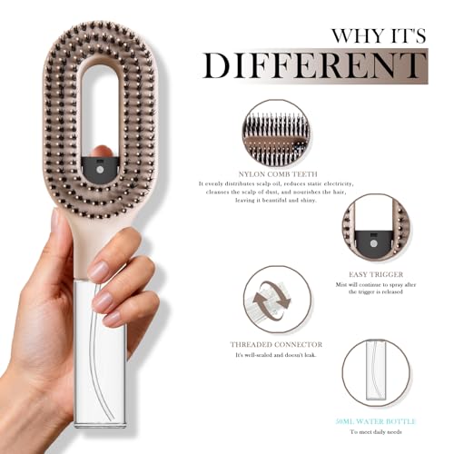 2-in-1 Manual Non-Electric Detangler Hair Brush with Built-In Mister Spray, Wet & Dry Detangling Brush for Curly, Wavy & Straight Hair, No-Tangle Anti-Frizz Brush，Reservoir 50ml.(Khaki) - color: Khaki