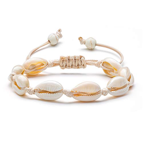 Fesciory Puka Shell Anklet for Women Summer Natural Cowrie Adjustable Ankle Bracelet, Handmade Boho Hawaiian Beach Seashell Jewelry - color: A1:Shell Anklet Beige Rope
