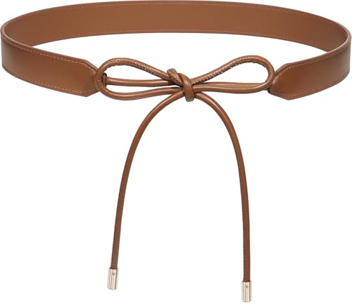 Women PU Leather Tie Waist Belts Knotted Thin Skinny Rope Waistband - color: Brown