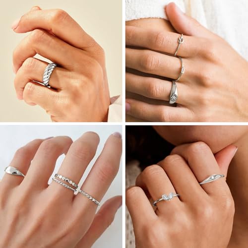 FAXHION 25 PCS Gold Stackable Rings Set for Women, Simple Twist Knuckle Finger Ring Trendy, Dainty Stacking Statement Thumb Rings Pack Jewelry Gift - color: A-silver